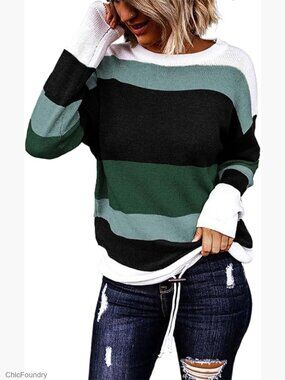 Oversized Crewneck Sweater with Drawstring Hem, Striped Pullover for Fall Winter